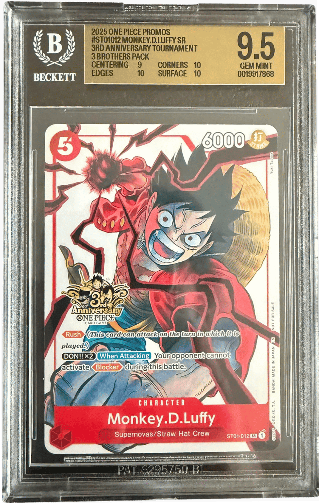 Monkey.D.Luffy (3rd Anniversary) (BGS 9.5) ST01-012 - Carrying On His Will 3rd Anniversary Tournament Cards - Normal