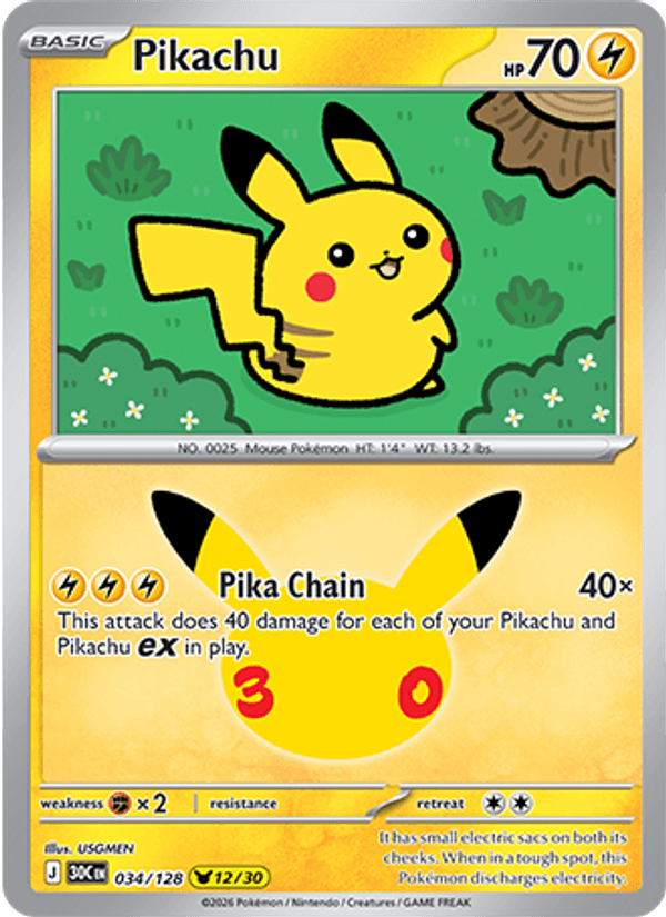 Pikachu 034/128 - 30th Celebration - Holofoil