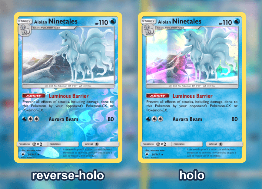 Een Holo en een Reverse Holo Pokémon kaart naast elkaar