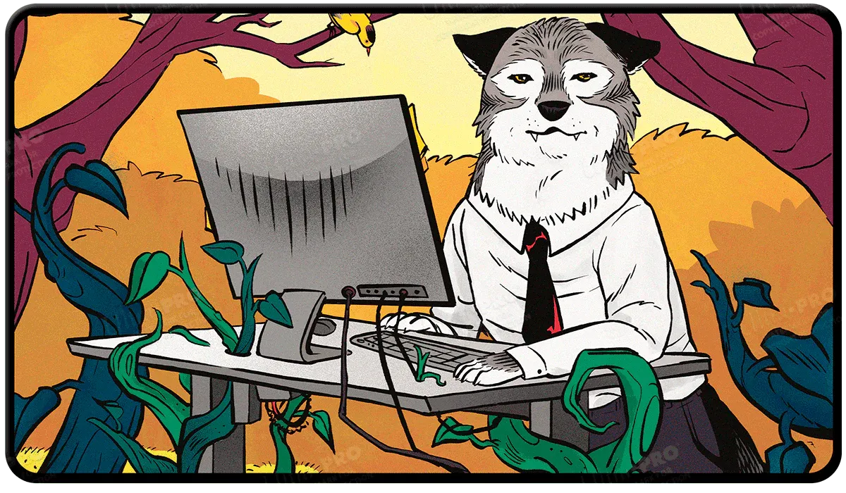 Ultra Pro – Secret Lair Sale 4 2024 Not A Wolf, schwarz genähte Spielmatte, Stehpult, Wolf-Token