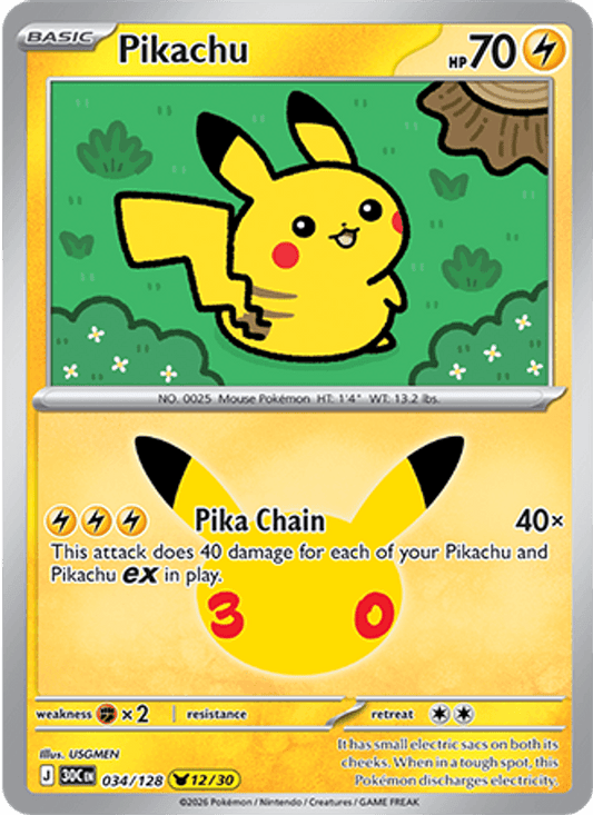 Pikachu 034/128 - 30th Celebration - Holofoil